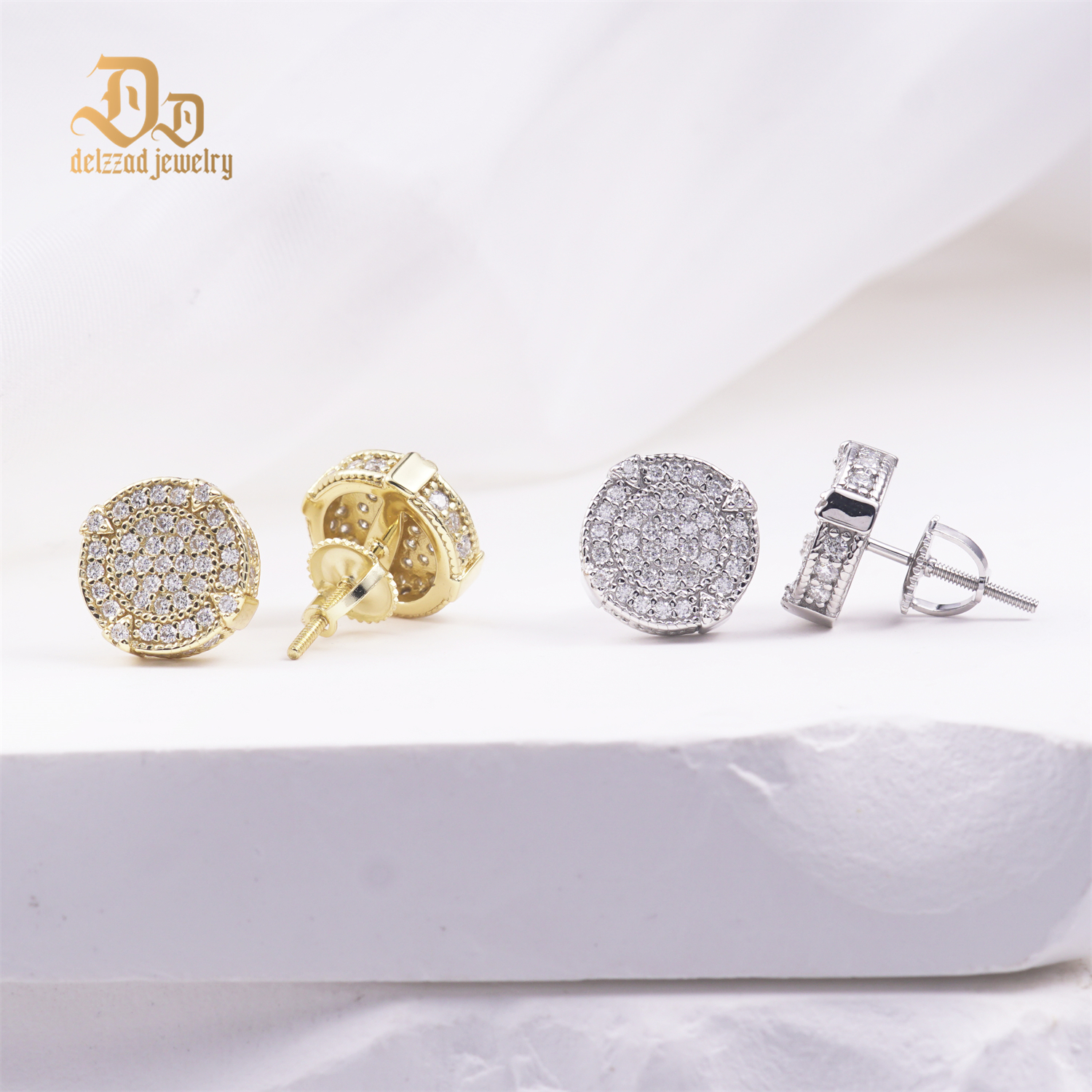 Delzzad S925 Round D Color VVS Synthetic Moissanite Hip Hop Iced Out Screw Back Circle Shape Stud Earrings Birthday Anniversary Valentine's Day Gifts for Men Women