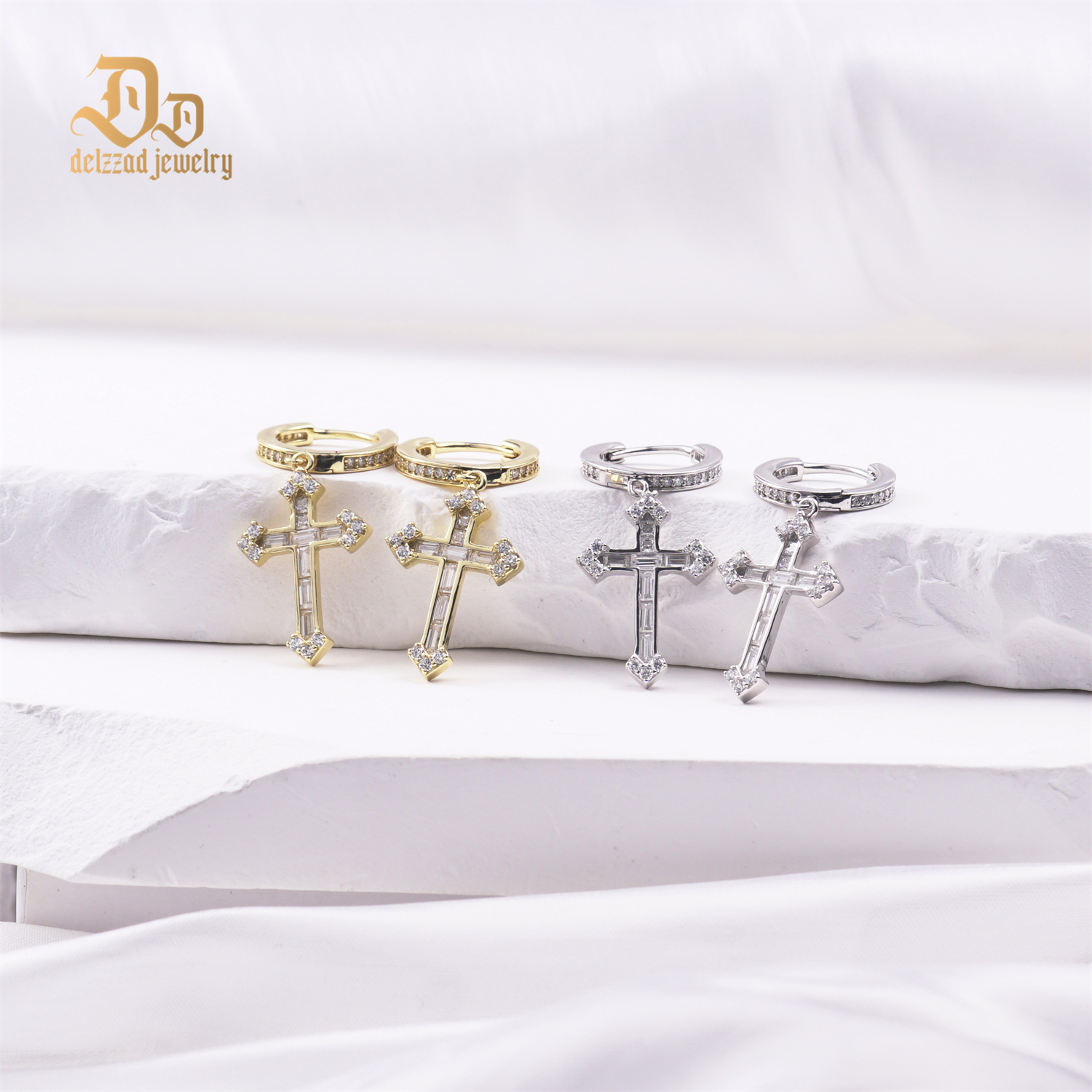 Delzzad S925 Synthetic Moissanite Bling Dainty Cross Hoop Earrings Birthday Anniversary Valentine's Day Gifts for Men Women