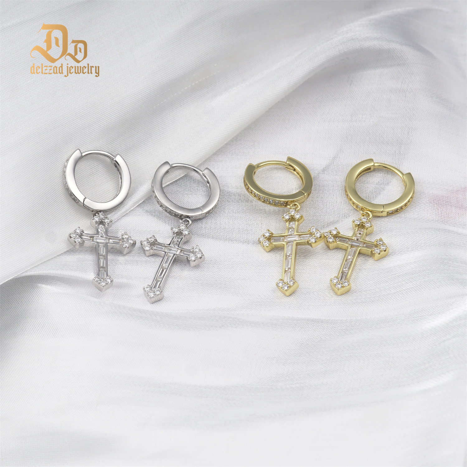Delzzad S925 Synthetic Moissanite Bling Dainty Cross Hoop Earrings Birthday Anniversary Valentine's Day Gifts for Men Women
