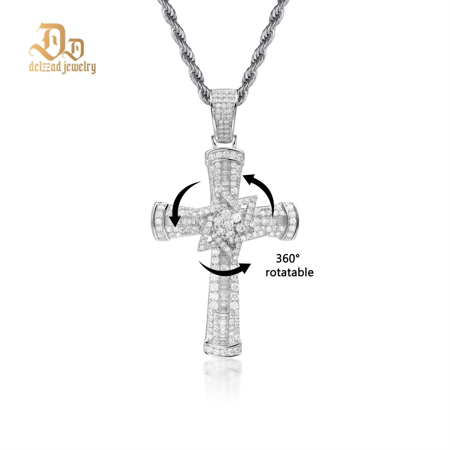 Delzzad S925 3ct VVS Synthetic Moissanite Exquisite Cross Rotatable Pentagram Pendant Necklace Birthday Anniversary Gift