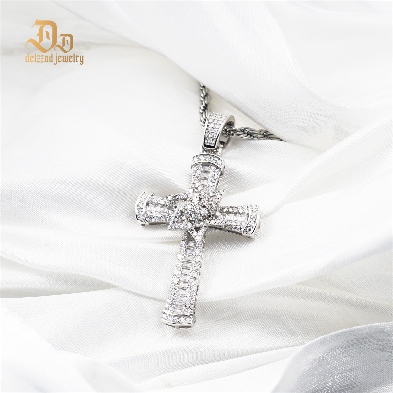 Delzzad S925 3ct VVS Synthetic Moissanite Exquisite Cross Rotatable Pentagram Pendant Necklace Birthday Anniversary Gift