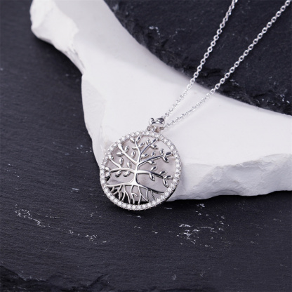 Delzzad 0.75ct Radiant Soul Tree Necklace Tree of Life Circle Pendant Chain VVS Synthetic Moissanite Pendant Jewelry Copper