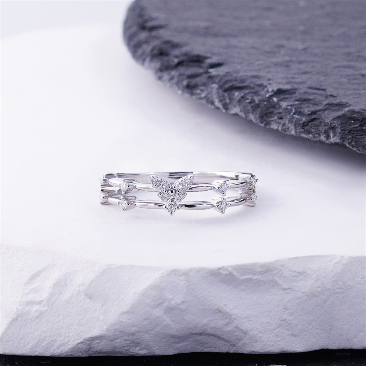 Delzzad 0.1ct Tiny Dainty Butterfly Garden Flutter Ring VVS Synthetic Moissanite Ring