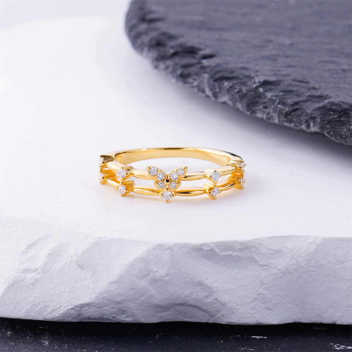 Delzzad 0.1ct Tiny Dainty Butterfly Garden Flutter Ring VVS Synthetic Moissanite Ring