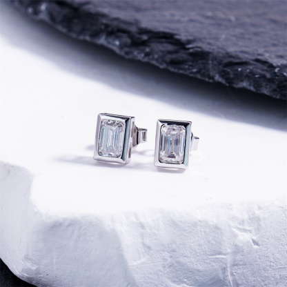Delzzad Eternal Prism Stud Earrings Ice Cube Romance Earrings Bezel Stud Earrings Step Cut VVS Synthetic Moissanite Earrings Jewelry Copper Studs
