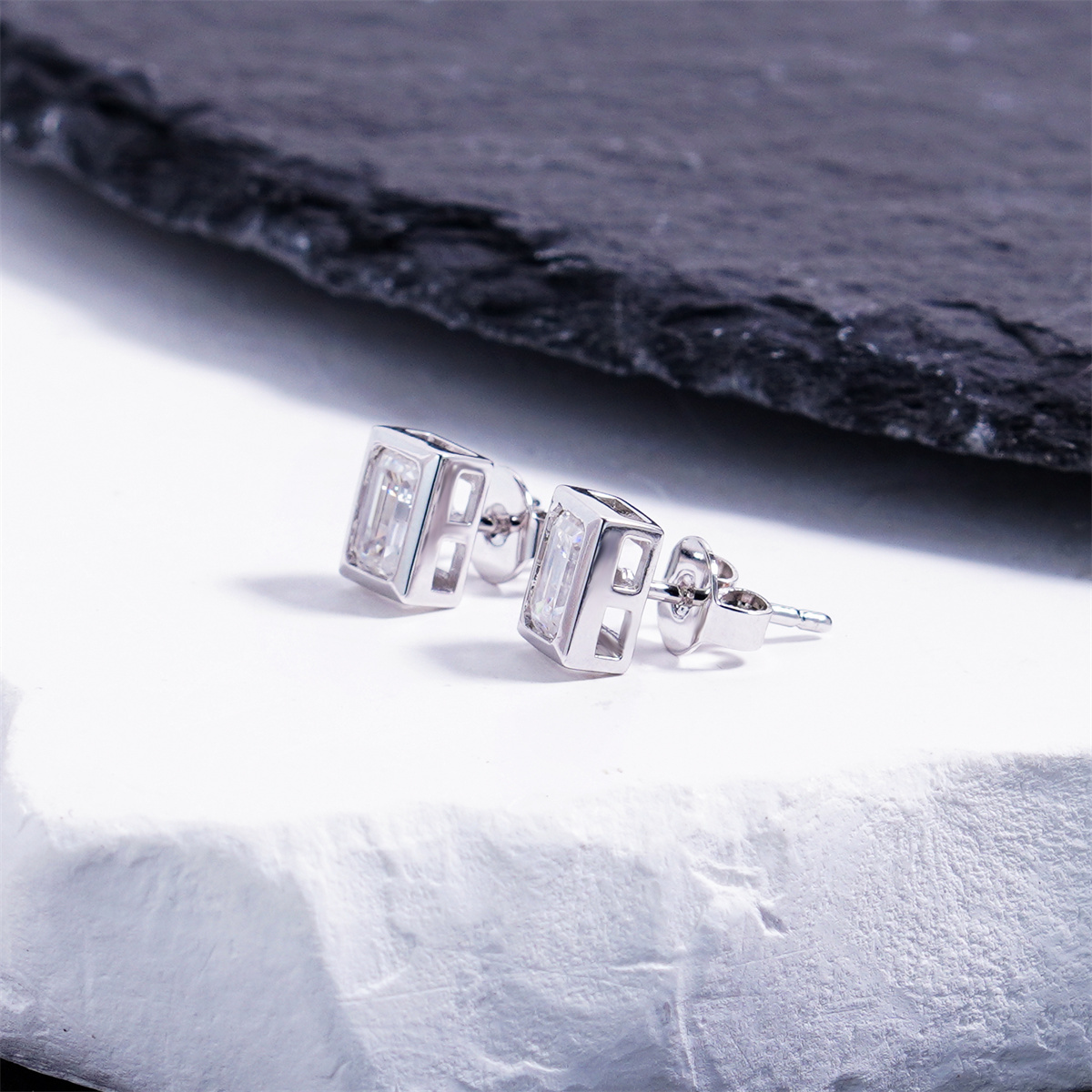 Delzzad Eternal Prism Stud Earrings Ice Cube Romance Earrings Bezel Stud Earrings Step Cut VVS Synthetic Moissanite Earrings Jewelry Copper Studs
