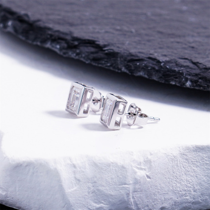 Delzzad Eternal Prism Stud Earrings Ice Cube Romance Earrings Bezel Stud Earrings Step Cut VVS Synthetic Moissanite Earrings Jewelry Copper Studs