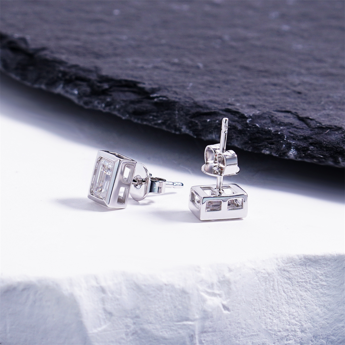 Delzzad Eternal Prism Stud Earrings Ice Cube Romance Earrings Bezel Stud Earrings Step Cut VVS Synthetic Moissanite Earrings Jewelry Copper Studs
