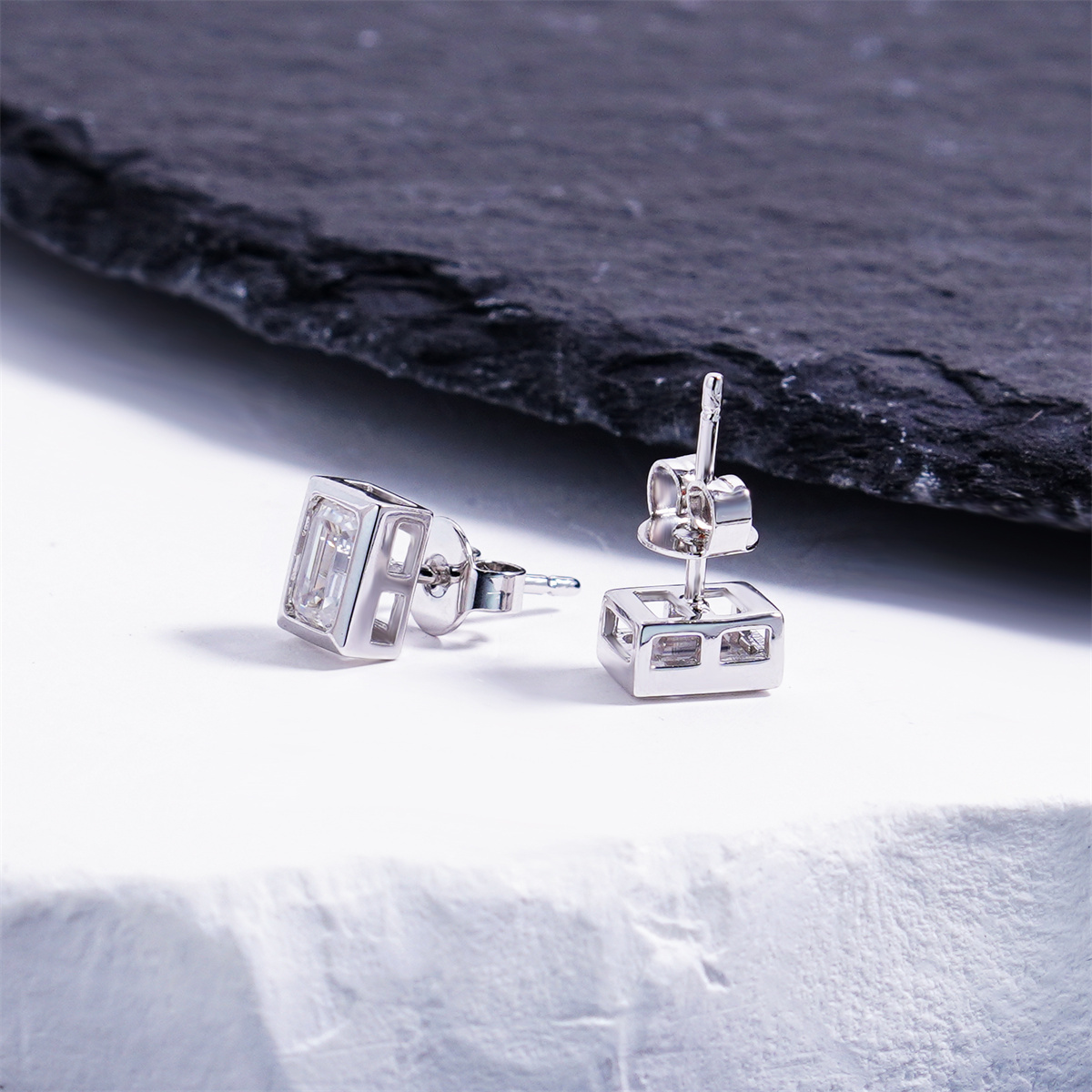Delzzad Eternal Prism Stud Earrings Ice Cube Romance Earrings Bezel Stud Earrings Step Cut VVS Synthetic Moissanite Earrings Jewelry Copper Studs