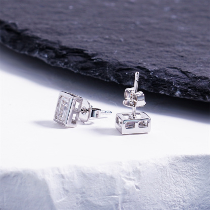 Delzzad Eternal Prism Stud Earrings Ice Cube Romance Earrings Bezel Stud Earrings Step Cut VVS Synthetic Moissanite Earrings Jewelry Copper Studs
