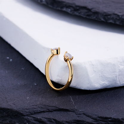 Delzzad 0.6ct Double Heart Drift Ring Open Nesting Ring with Two Hearts Synthetic Moissanite Ring Copper Band