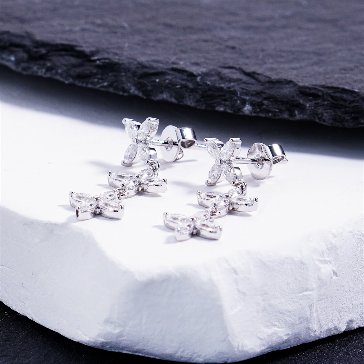 Delzzad Floral Cascade Drop Dangle Earrings Floating Poem Drop Earrings Marquise Cut Flower Earrings VVS Synthetic Moissanite Earrings Jewelry Copper Studs