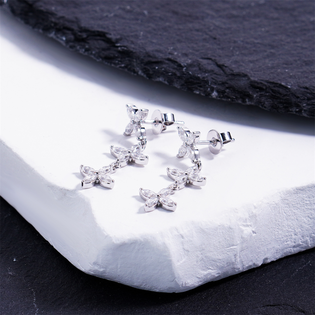 Delzzad Floral Cascade Drop Dangle Earrings Floating Poem Drop Earrings Marquise Cut Flower Earrings VVS Synthetic Moissanite Earrings Jewelry Copper Studs