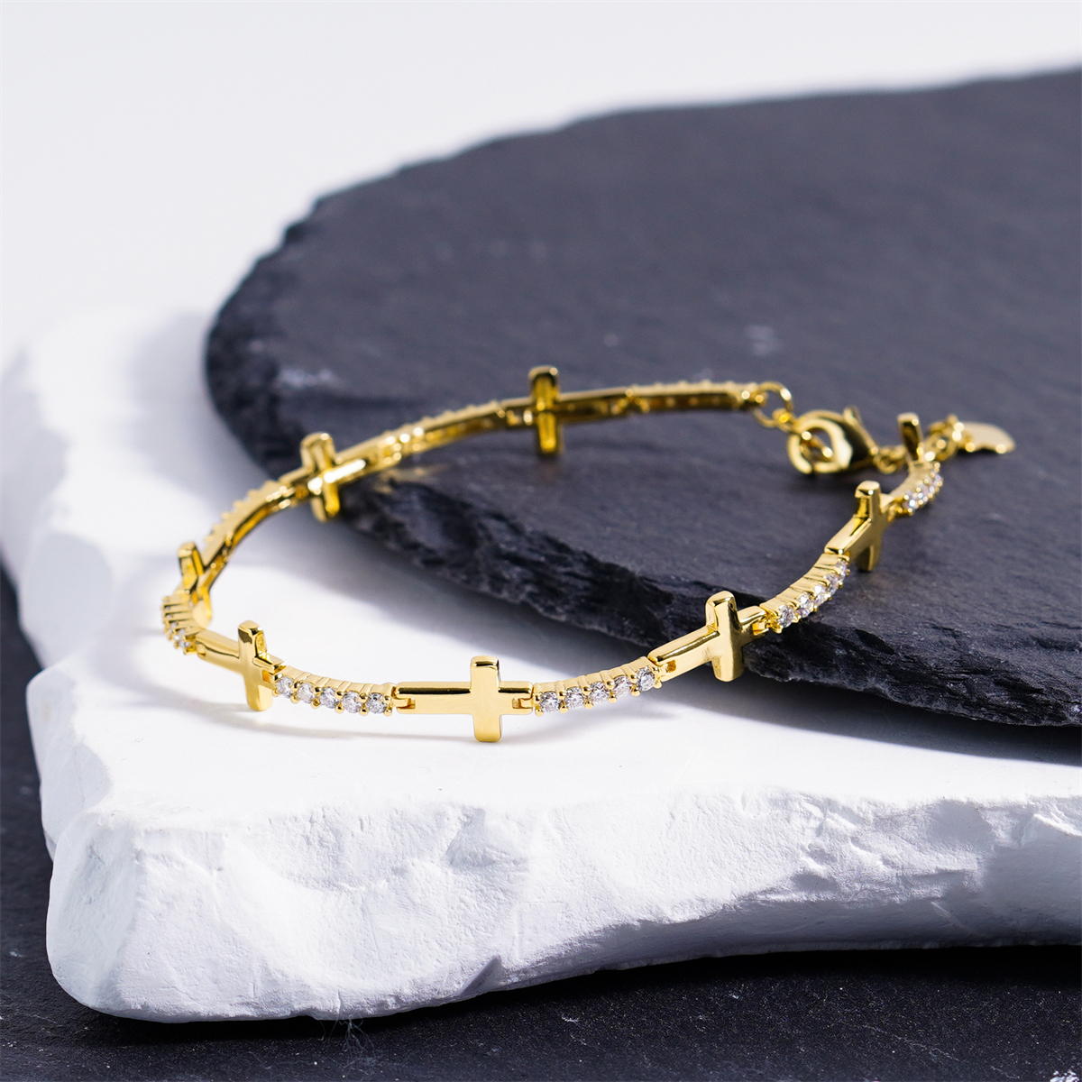 Eternal Devotion Sideways Cross Bracelet Copper Chain Synthetic Moissanite Bracelet