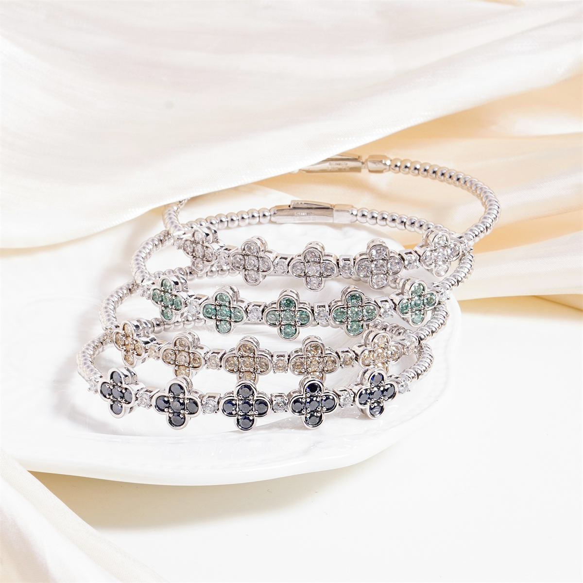 3ct Baroque Beaded Whisper Bangle Clover Bracelet VVS Synthetic Moissanite Bracelet Bangle Copper Chain