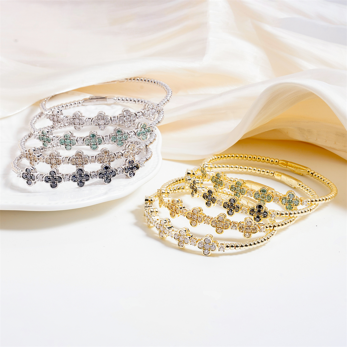 3ct Baroque Beaded Whisper Bangle Clover Bracelet VVS Synthetic Moissanite Bracelet Bangle Copper Chain