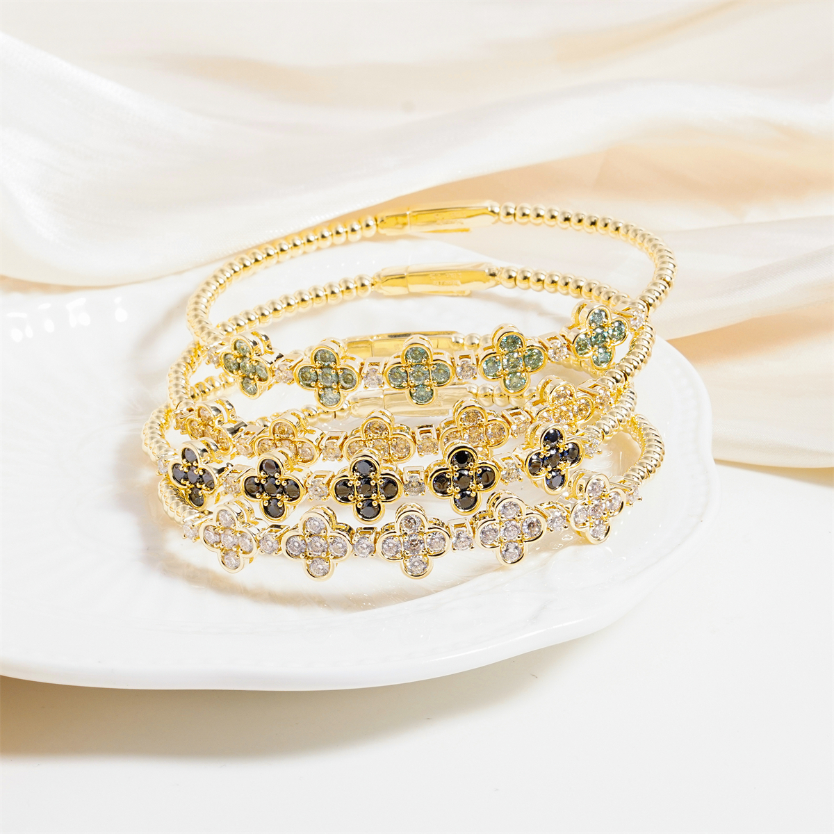 3ct Baroque Beaded Whisper Bangle Clover Bracelet VVS Synthetic Moissanite Bracelet Bangle Copper Chain