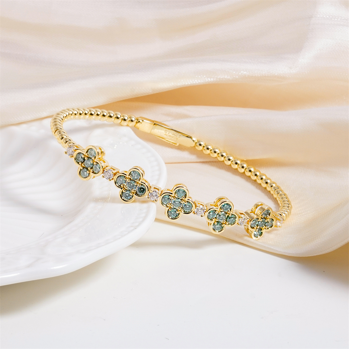 3ct Baroque Beaded Whisper Bangle Clover Bracelet VVS Synthetic Moissanite Bracelet Bangle Copper Chain