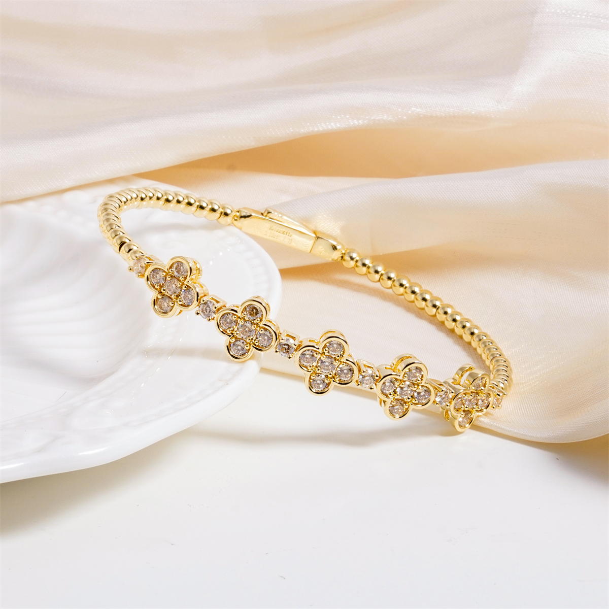 3ct Baroque Beaded Whisper Bangle Clover Bracelet VVS Synthetic Moissanite Bracelet Bangle Copper Chain