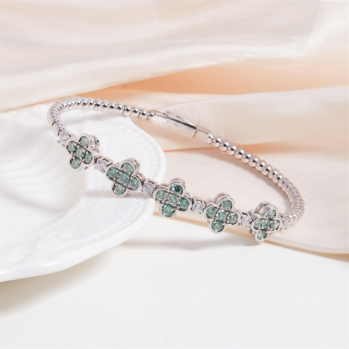 3ct Baroque Beaded Whisper Bangle Clover Bracelet VVS Synthetic Moissanite Bracelet Bangle Copper Chain