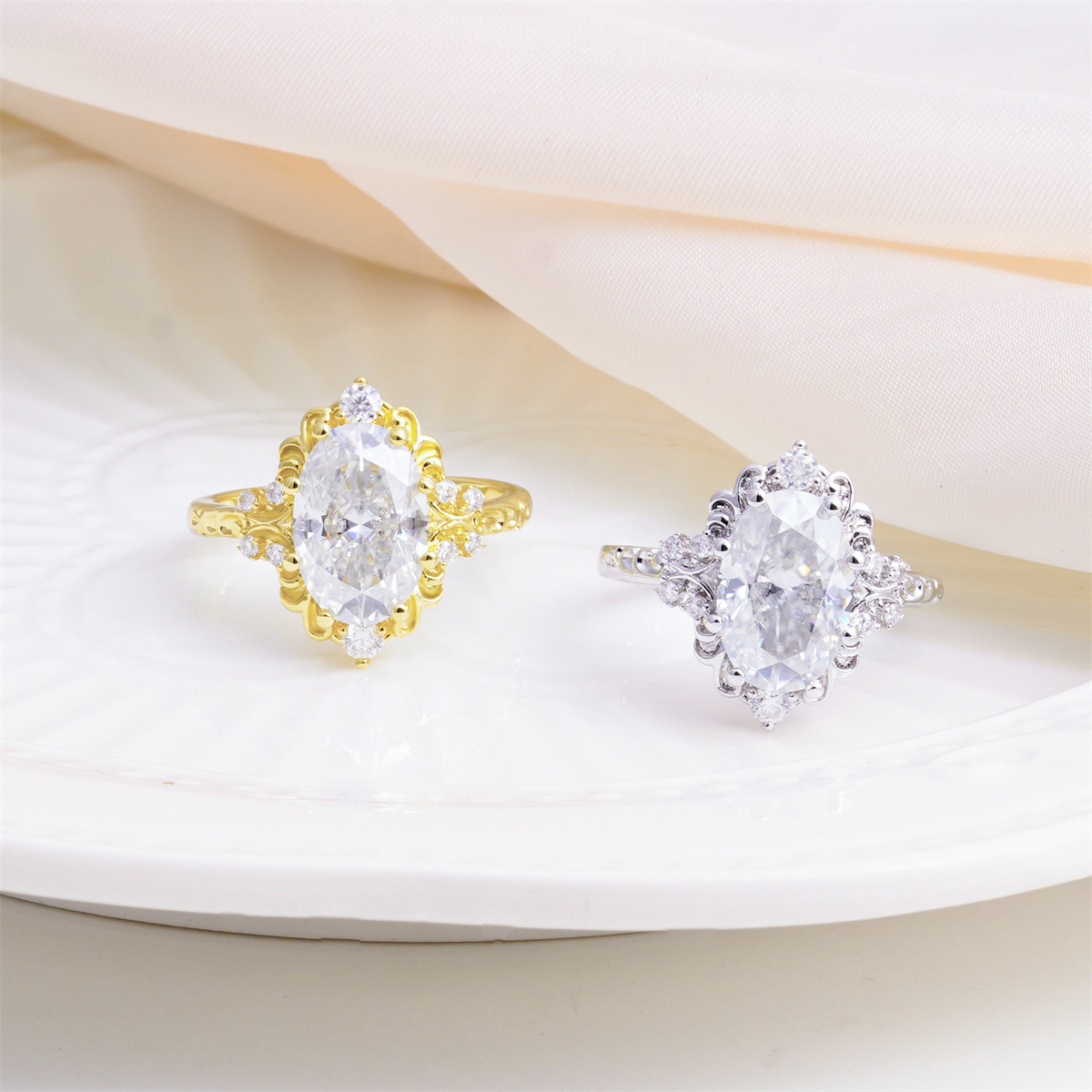 14K Gold-Plated 4.7ct Moonlit Baroque Ring Aurora Halo Ring Band VVS Synthetic Moissanite Ring Jewelry