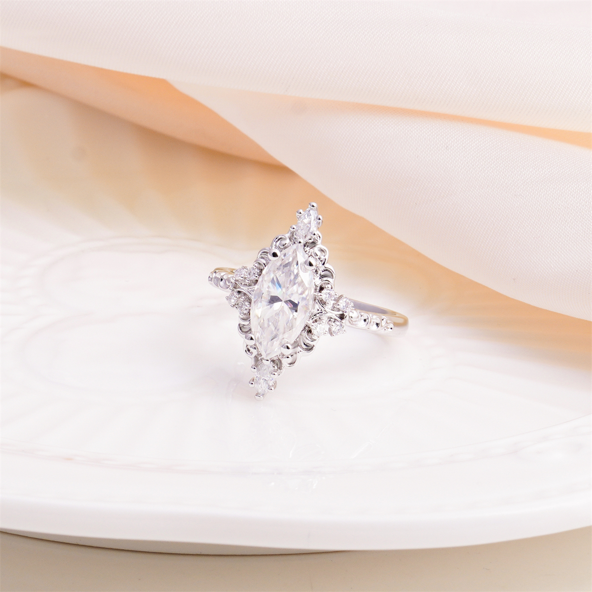 14K Gold-Plated 2.3ct The Versailles Marquise Ring Whispering Scrolls Band Ring VVS Synthetic Moissanite Ring Jewelry