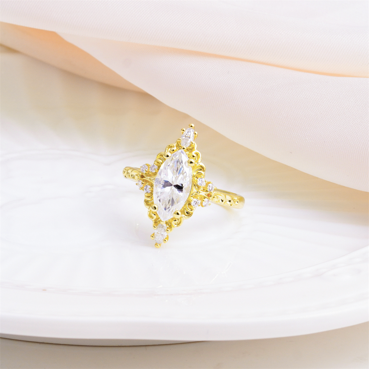 14K Gold-Plated 2.3ct The Versailles Marquise Ring Whispering Scrolls Band Ring VVS Synthetic Moissanite Ring Jewelry