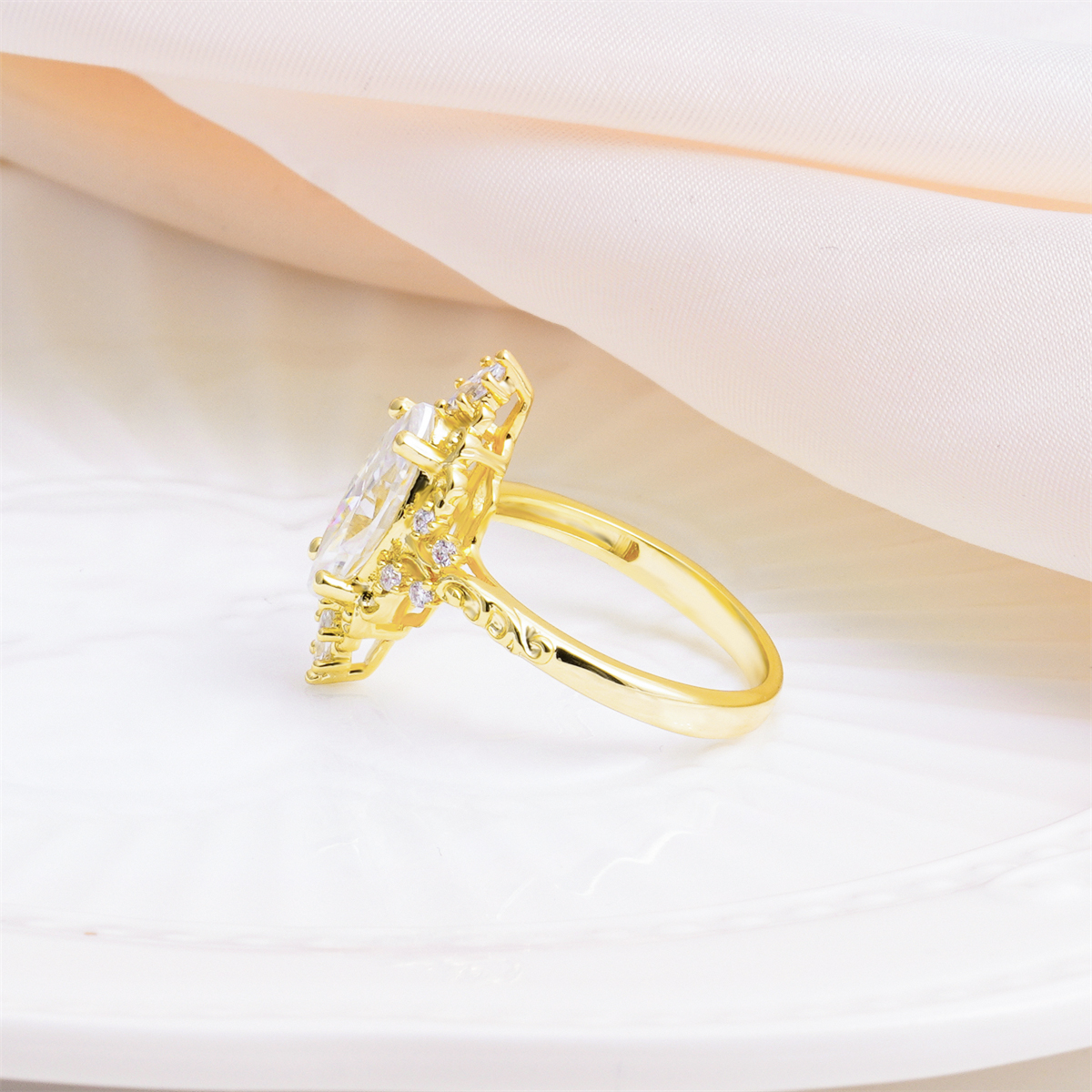 14K Gold-Plated 2.3ct The Versailles Marquise Ring Whispering Scrolls Band Ring VVS Synthetic Moissanite Ring Jewelry