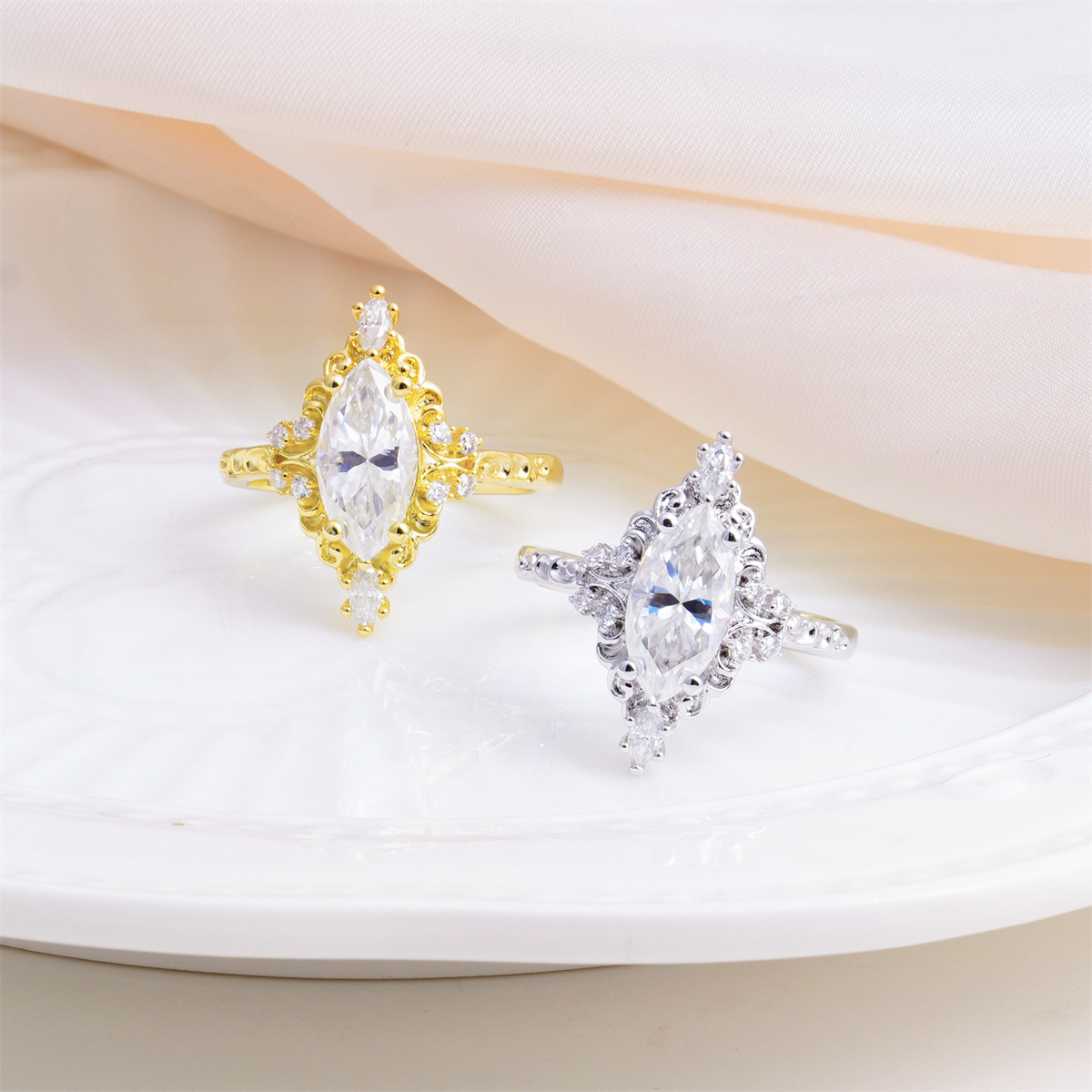 14K Gold-Plated 2.3ct The Versailles Marquise Ring Whispering Scrolls Band Ring VVS Synthetic Moissanite Ring Jewelry