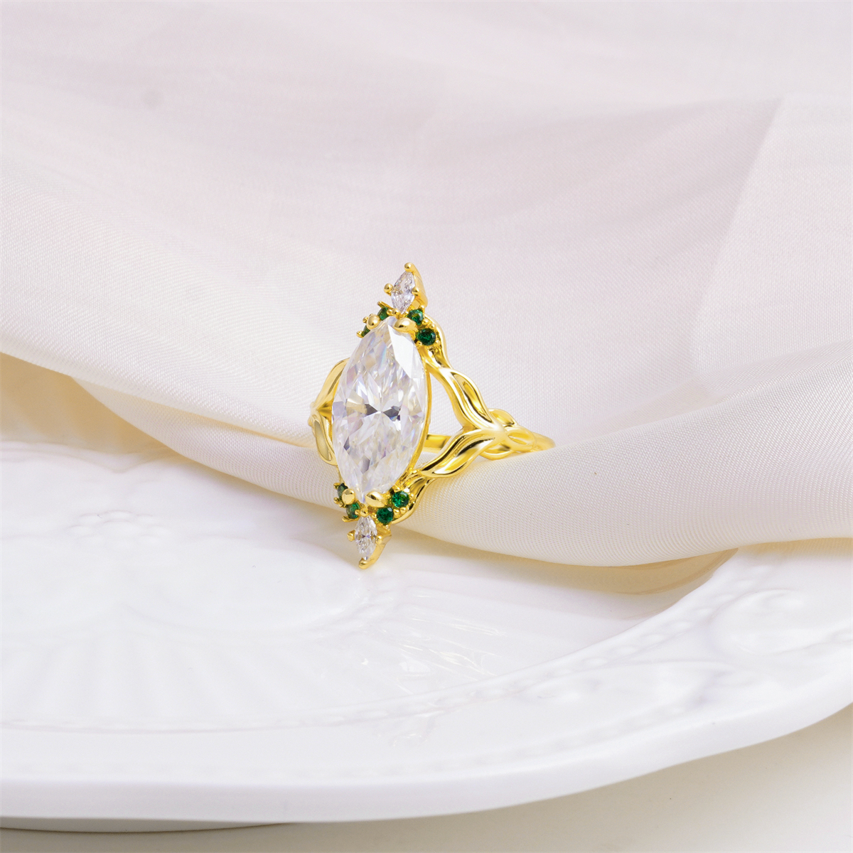 14K Gold-Plated 5ct The Forest Nymph Ring Band Marquise Cut VVS Synthetic Moissanite Ring Jewelry