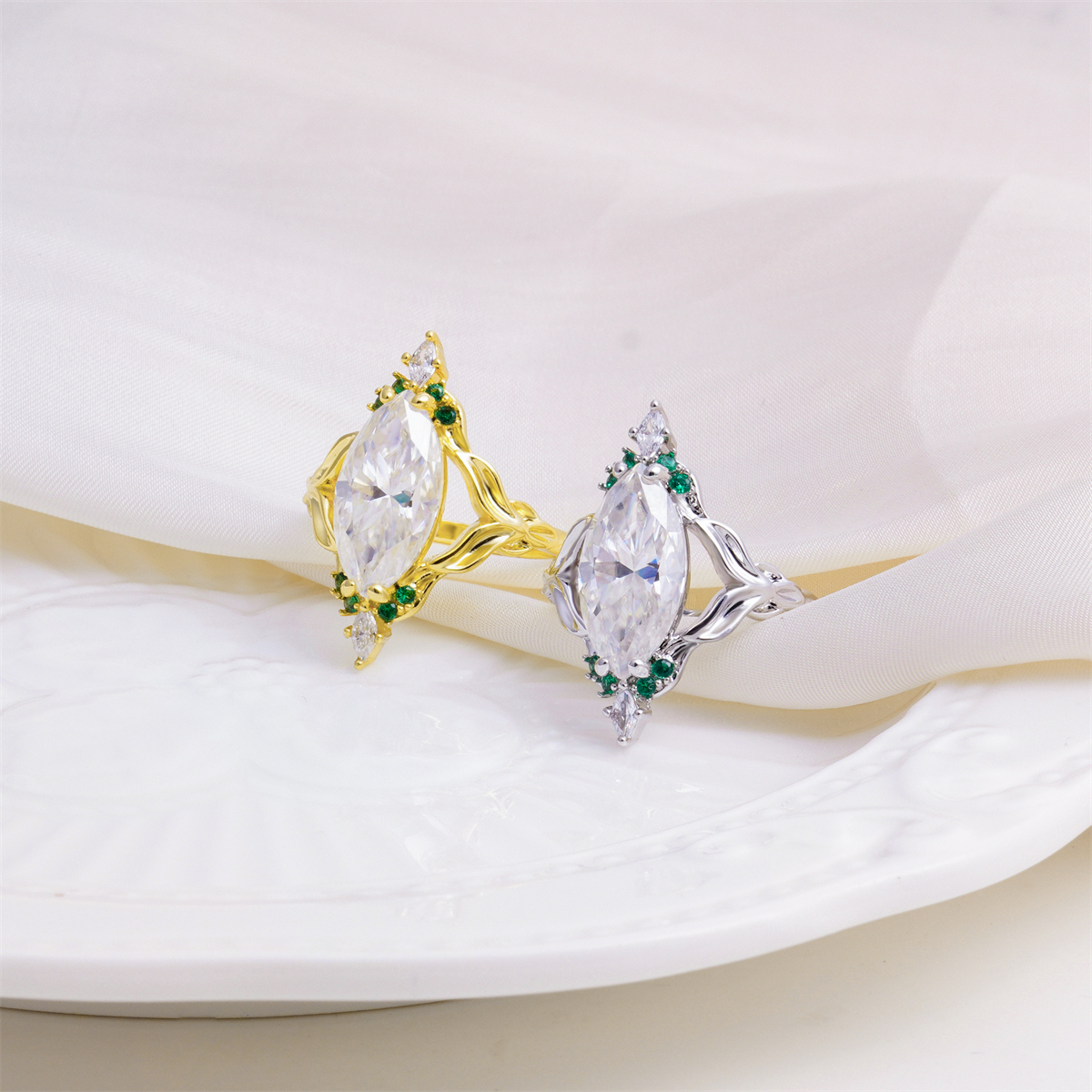 14K Gold-Plated 5ct The Forest Nymph Ring Band Marquise Cut VVS Synthetic Moissanite Ring Jewelry