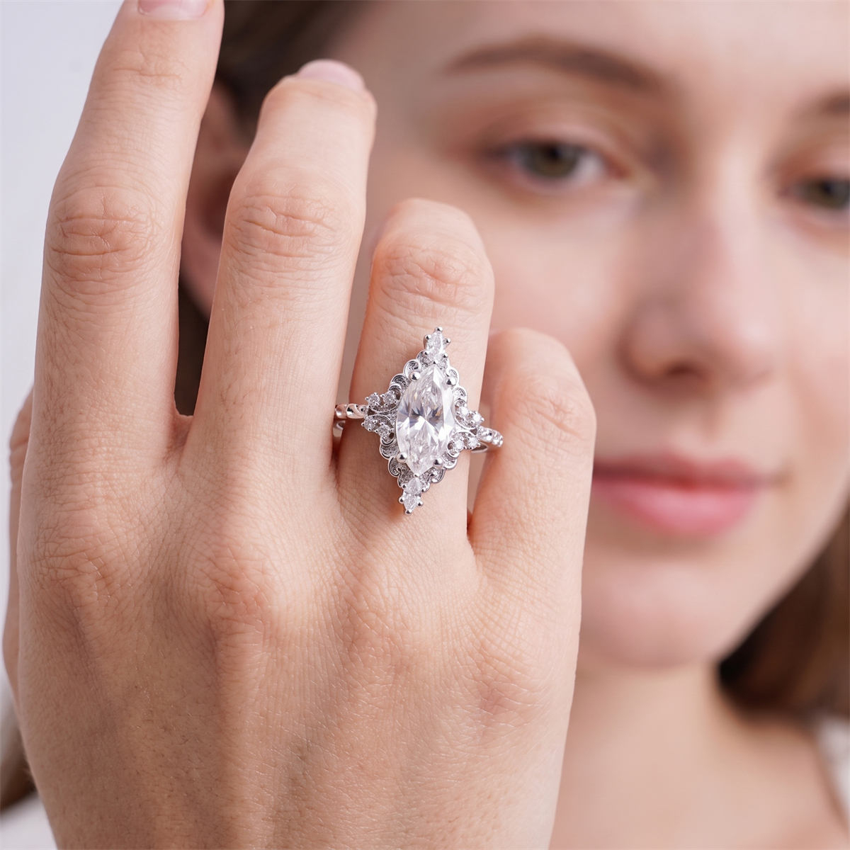14K Gold-Plated 2.3ct The Versailles Marquise Ring Whispering Scrolls Band Ring VVS Synthetic Moissanite Ring Jewelry
