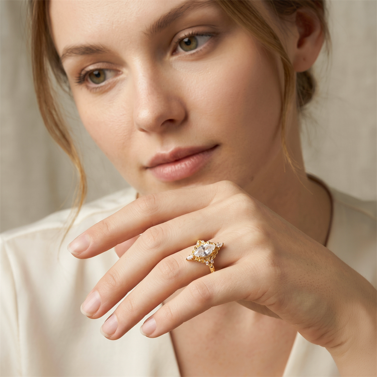 14K Gold-Plated 2.3ct The Versailles Marquise Ring Whispering Scrolls Band Ring VVS Synthetic Moissanite Ring Jewelry