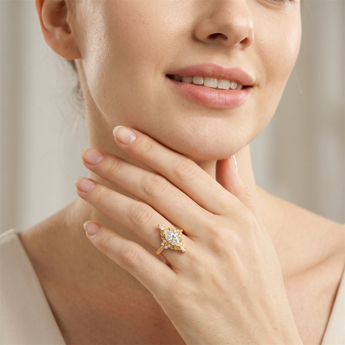 14K Gold-Plated 2.3ct The Versailles Marquise Ring Whispering Scrolls Band Ring VVS Synthetic Moissanite Ring Jewelry