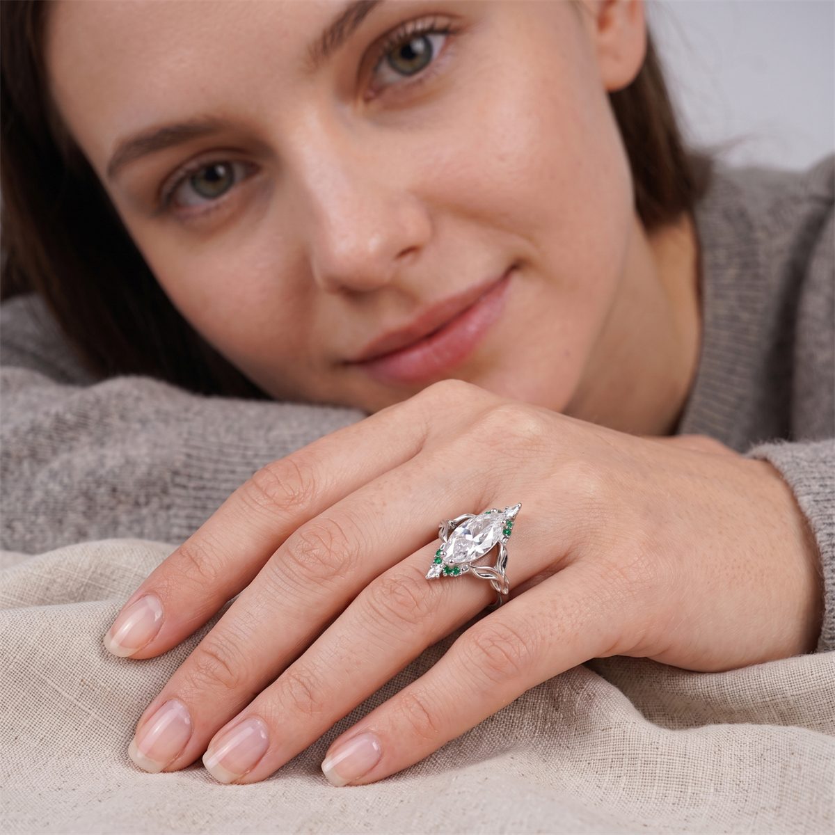 14K Gold-Plated 5ct The Forest Nymph Ring Band Marquise Cut VVS Synthetic Moissanite Ring Jewelry