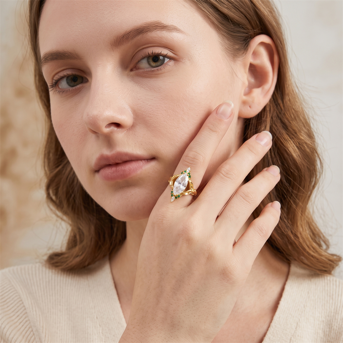 14K Gold-Plated 5ct The Forest Nymph Ring Band Marquise Cut VVS Synthetic Moissanite Ring Jewelry