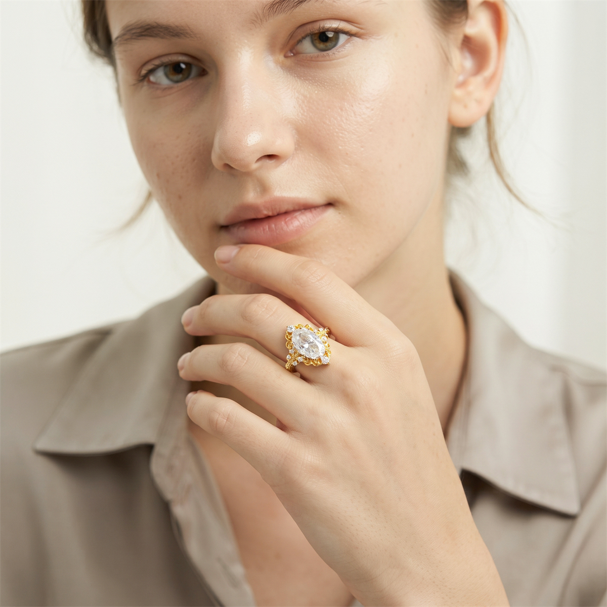 14K Gold-Plated 4.7ct Moonlit Baroque Ring Aurora Halo Ring Band VVS Synthetic Moissanite Ring Jewelry