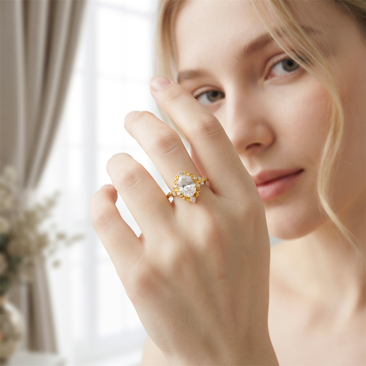 14K Gold-Plated 4.7ct Moonlit Baroque Ring Aurora Halo Ring Band VVS Synthetic Moissanite Ring Jewelry