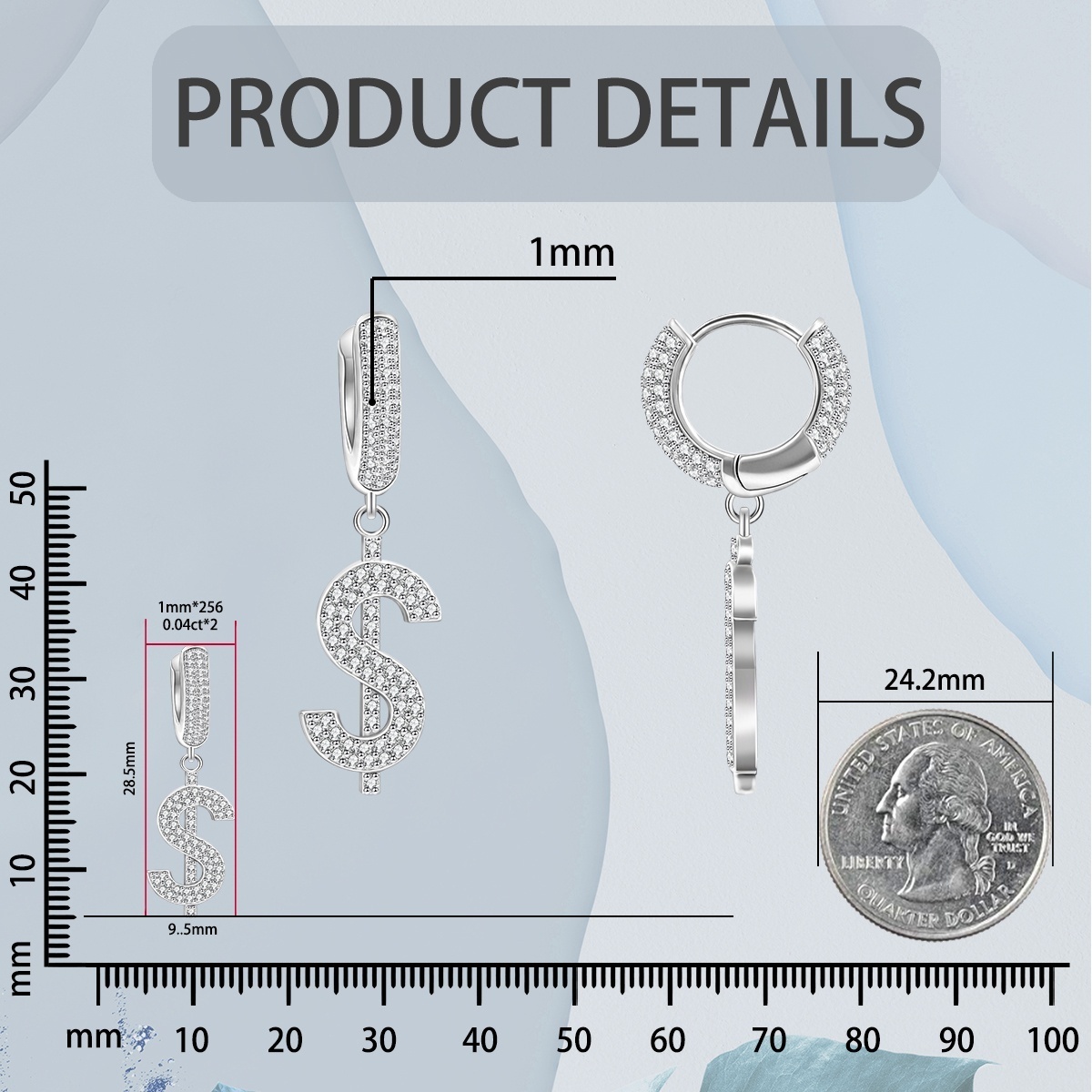 Iced Out USD Hoop Earrings VVS Synthetic Moissanite Earrings S925/Copper Hip Hop Money Symbol Hoops Dangle Earrings