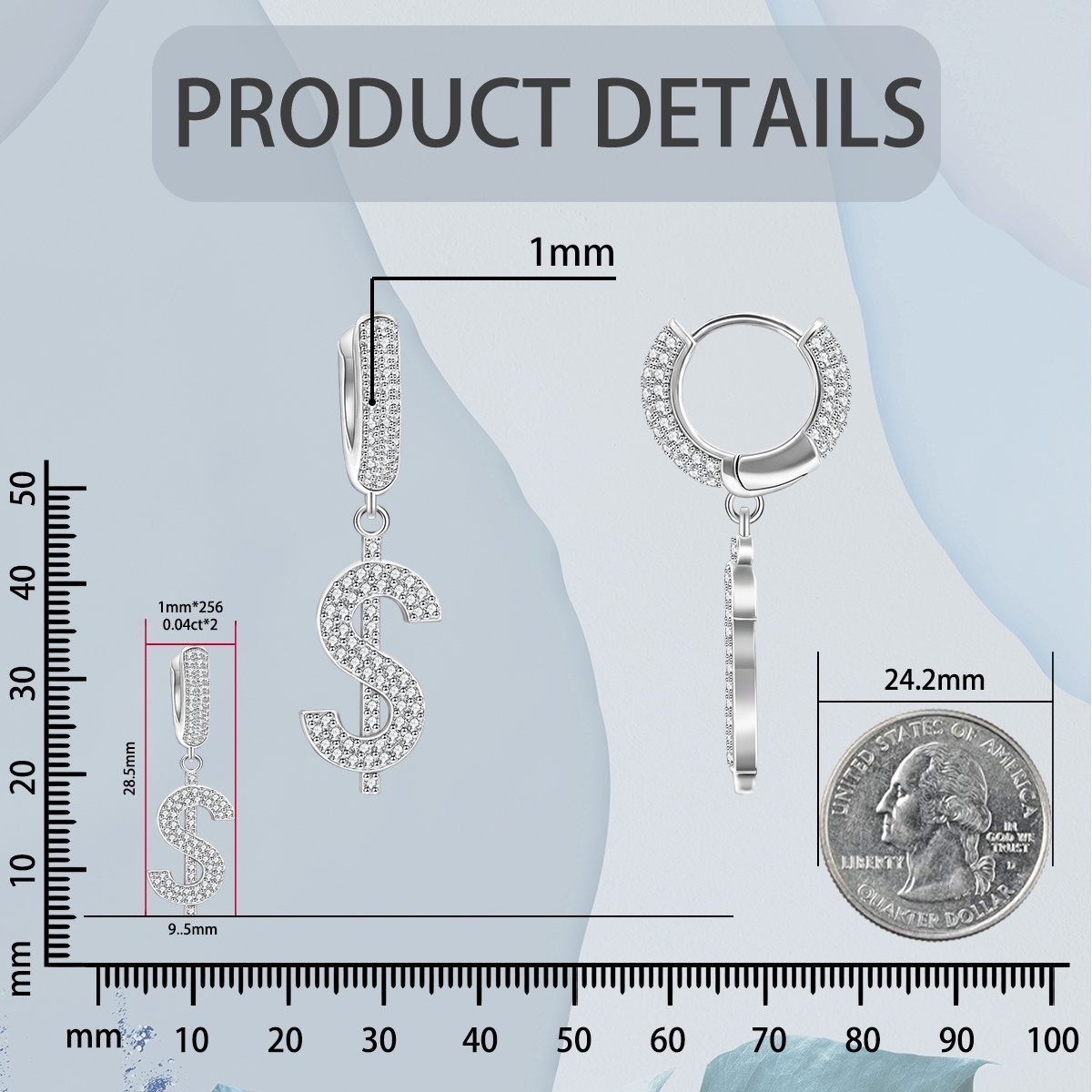 Iced Out USD Hoop Earrings VVS Synthetic Moissanite Earrings S925/Copper Hip Hop Money Symbol Hoops Dangle Earrings