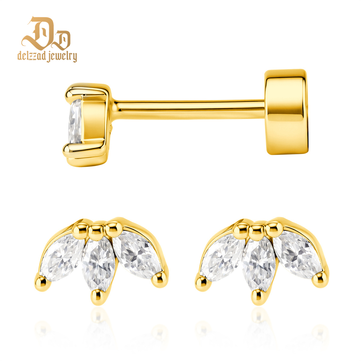 Delzzad Willow Dew Stud Earrings Marquise Crown Stud Earrings Flat Back Earrings Screw-on Synthetic Moissanite Earrings Jewelry S925 Studs