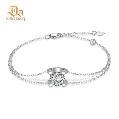1ct Solitaire Prong Bracelet Double Chain Bracelet Synthetic Moissanite S925 Sterling Silver Bracelet Chain Jewelry Birthday Engagement Wedding Anniversary Perfect Gifts