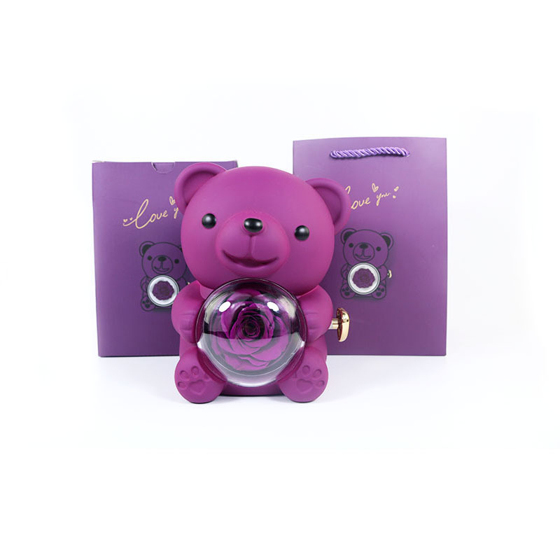 Delzzad Romantic Eternal Rose Cute Hug Bear Jewelry Box - Perfect Valentine's Day Christmas Gift for Her