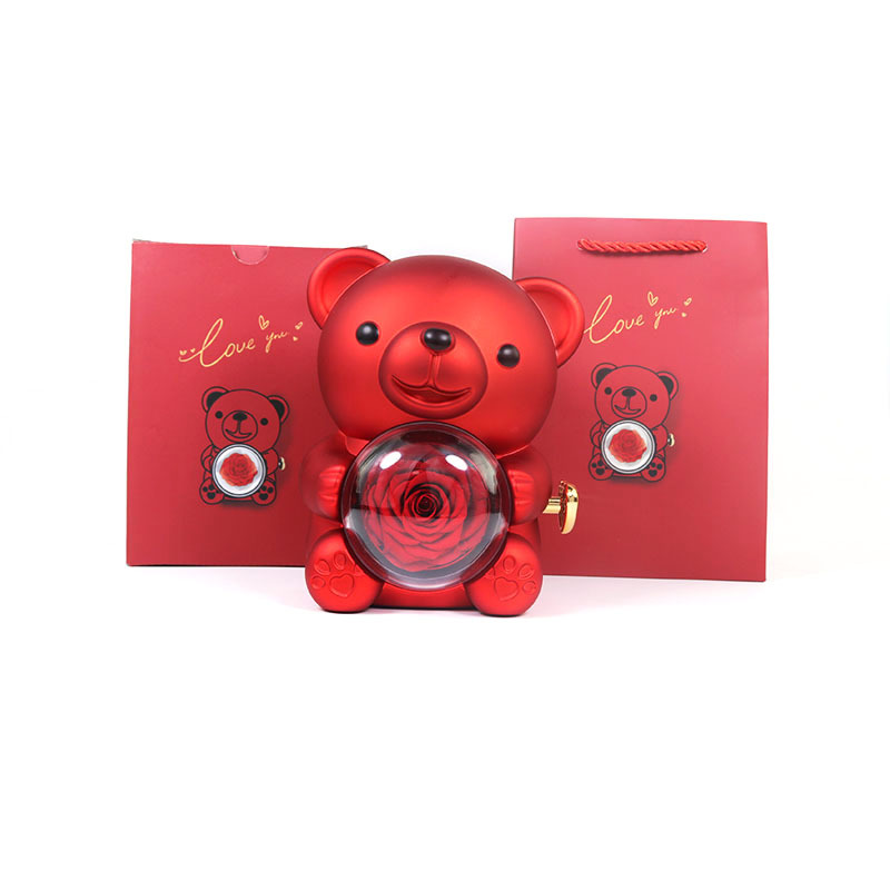 Delzzad Romantic Eternal Rose Cute Hug Bear Jewelry Box - Perfect Valentine's Day Christmas Gift for Her