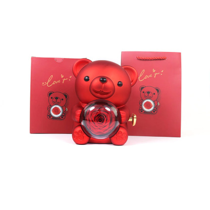Delzzad Romantic Eternal Rose Cute Hug Bear Jewelry Box - Perfect Valentine's Day Christmas Gift for Her
