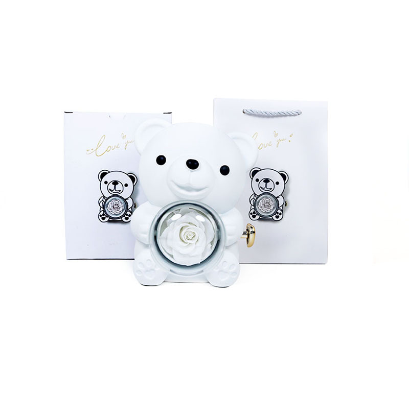 Delzzad Romantic Eternal Rose Cute Hug Bear Jewelry Box - Perfect Valentine's Day Christmas Gift for Her