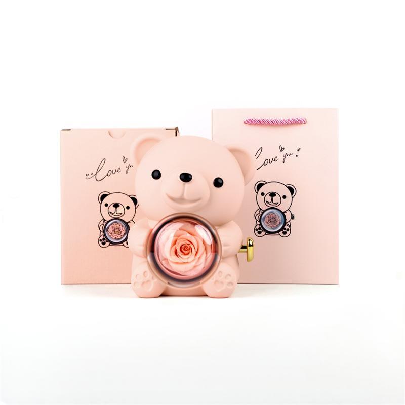 Delzzad Romantic Eternal Rose Cute Hug Bear Jewelry Box - Perfect Valentine's Day Christmas Gift for Her