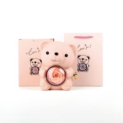 Delzzad Romantic Eternal Rose Cute Hug Bear Jewelry Box - Perfect Valentine's Day Christmas Gift for Her