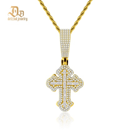 Iced Out Calvary Pendant Baguette Cross Pendant Necklace Chain D Color VVS Synthetic Moissanite Necklace Copper Chain