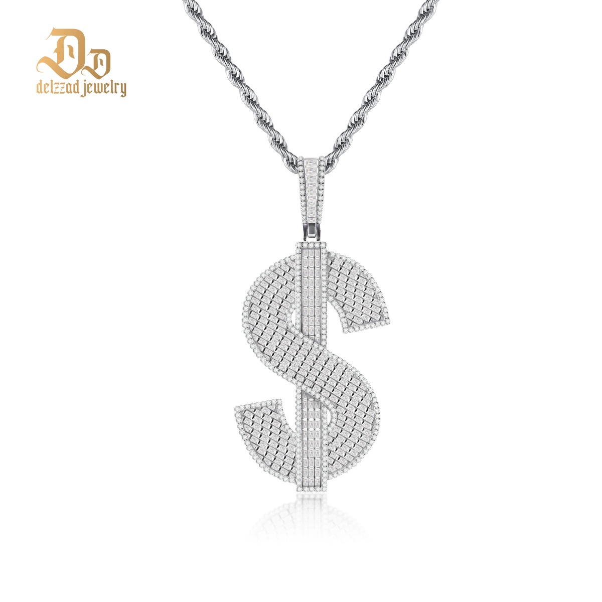 Bling Fortune Seeker USD Pendant Prosperity Pendant Necklace Chain Baguette Cut VVS Synthetic Moissanite Necklace Copper Chain